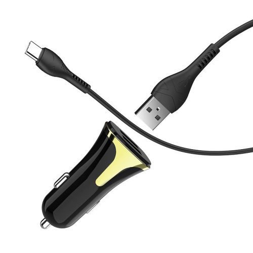 Autós Töltő 3A + Kábel 1m USB Type C Gyors Töltő 3.0 Fekete