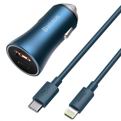 Baseus Golden Contactor Pro Autós Töltő, USB + USB-C, QC4.0+, PD, SCP, 40W Kék + USB-C - Lightning Kábel 1m Kék