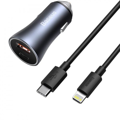 Baseus Golden Contactor Pro Autós Töltő, USB + USB-C, QC4.0+, PD, SCP, 40W dark gray Kábel Type-C to iP 1m Fekete